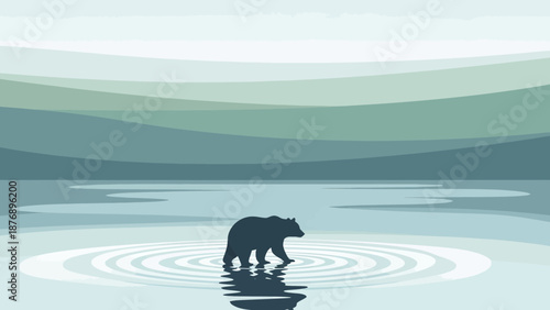 Majestic Bear Crossing The Calm Waters With Tranquil Mountain Landscape