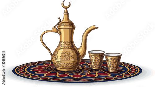 Golden Arabian Coffee Pot and Traditional Cups on a Decorated Tray, Evoking Middle Eastern Hospitality and Cultural Rituals