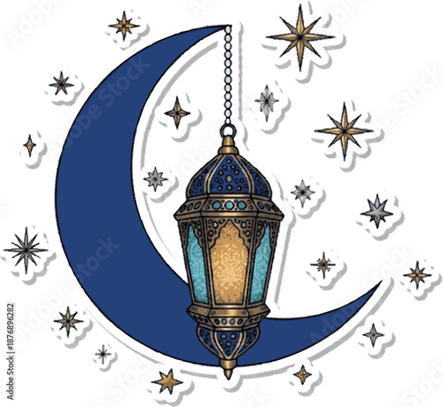 Beautiful ornate lantern illuminating a serene crescent moon, surrounded by a celestial cluster of sparkling stars, evoking a mystical and festive night sky ambiance