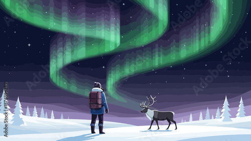 Majestic Northern Lights View With Human Silhouette And Wild Reindeer