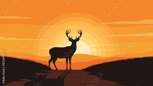 Majestic Silhouette Of A Deer Against A Breathtaking Sunset Landscape