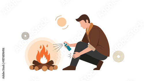 Man Applying Insect Repellent Spray To Leg Near Campfire Illustration