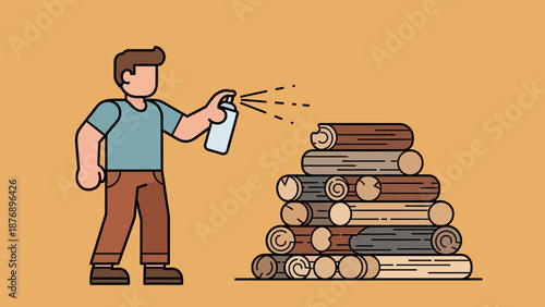 Man Applying Preservative to Wood Stack with Spray Can Outdoors Cartoon