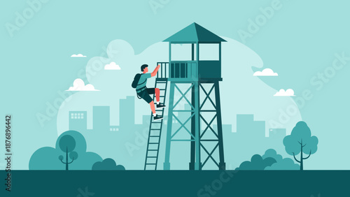 Man Ascending Observation Tower Against Cityscape With Trees And Clouds
