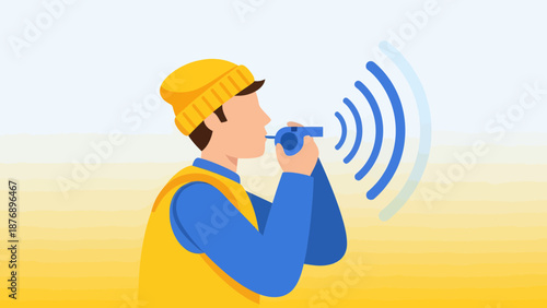 Man Blowing Whistle Flat Vector Illustration For Sports Or Safety Concepts