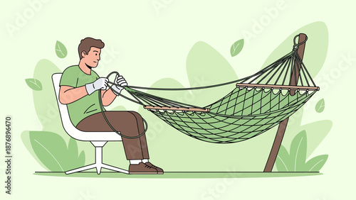 Man Assembling Hammock For Backyard Relaxation And Outdoor Comfort At Home