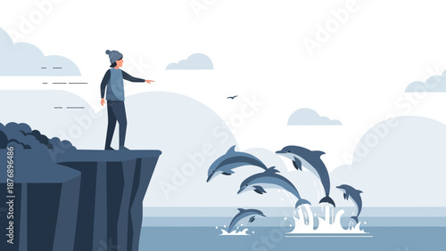 Man Atop Cliffside Observing Leaping Dolphins In Ocean Illustration