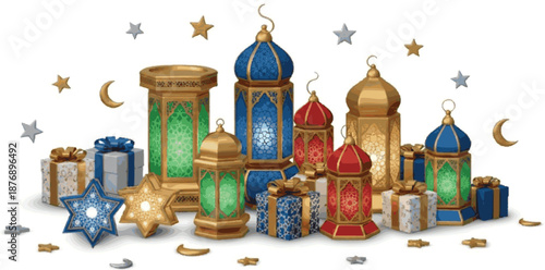Vibrant and Festive Islamic Celebration with Ornate Lanterns, Sparkling Stars, Crescent Moons, and Gift Boxes for Eid or Ramadan Greetings