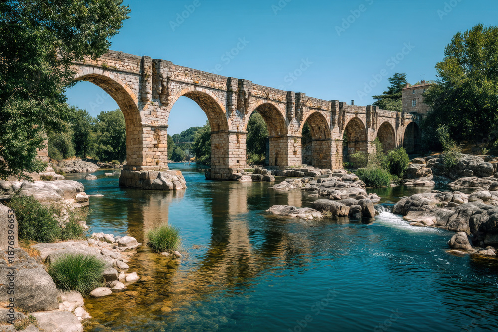 Fototapeta premium Historic stone bridge with elegant repeating arches spanning calm river in visually appealing daylight