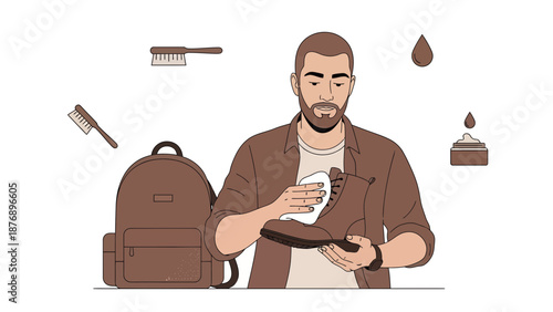 Man Cares For Leather Boots With Cream And Brush At Home Cleaning Shoes