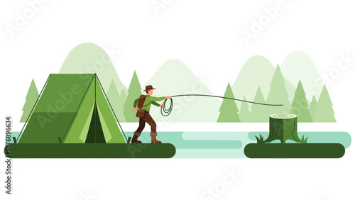 Man Casting A Fishing Line Camping Site Adventure In Natural Landscape