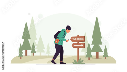Man Checking Trail Marker Direction During Hike In Woods Illustration