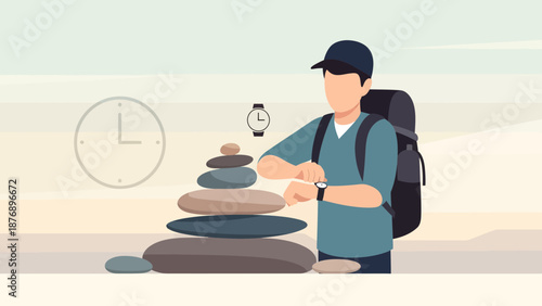 Man Checking Time Beside Stacked Stones Emphasizing Time Management During Travel