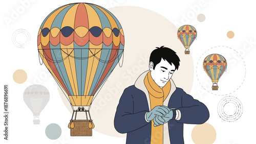 Man Checks Time Before Hot Air Balloon Flight Early Morning Expedition