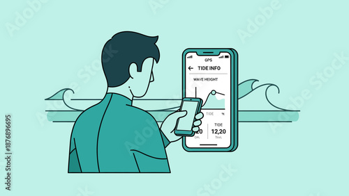 Man Checks Tide Information Using Mobile Applications Before Surfing