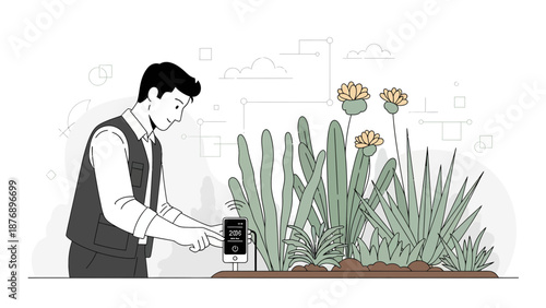 Man Checks Soil Moisture with Smartphone in Garden Growing Plants and Flowers