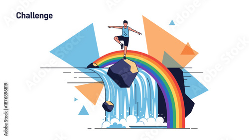Man Conquering Obstacles Standing On Waterfall And Rainbow Abstract Illustration
