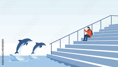 Man Contemplates Jumping Dolphins At The End Of Stairs In An Interesting Composition