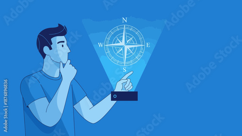 Man Contemplating Direction With Futuristic Compass Technology On Wrist Device