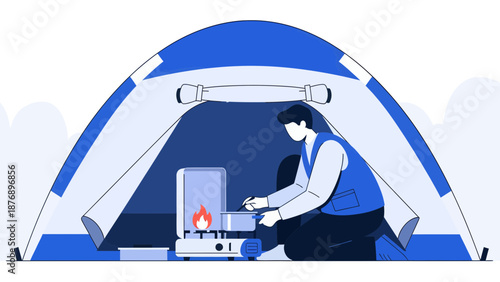 Man Cooking Food Inside Camping Tent In a Flat Vector Illustration