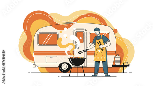 Man Cooking Outdoor Barbecue Next to Campervan in a Modern Style Illustration