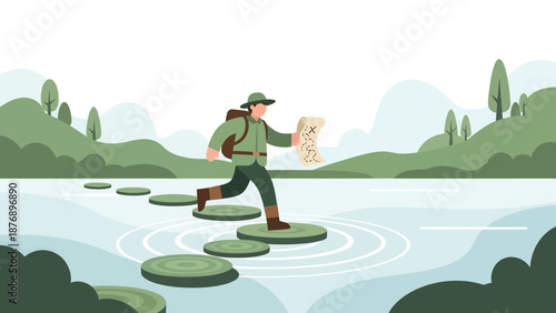 Man Crossing River On Stepping Stones While Holding Treasure Map Seeking Adventure