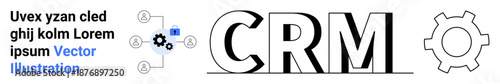 CRM text with gear icon and connected workflow components. Ideal for technology, management, software, automation, process visualization, business operations, simple landing page