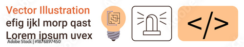 Technology, innovation, programming, digital systems, web development, emergency notifications. Lightbulb, siren and coding icons in a minimal style. Innovation and programming concepts