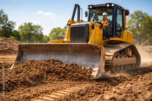 Heavy yellow bulldozer operating on construction site with dirt