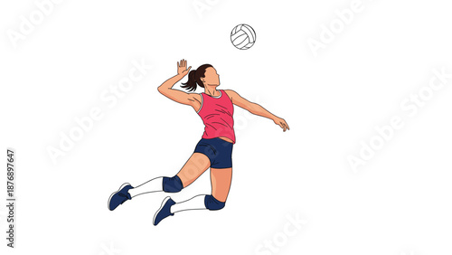 Athletic female volleyball player jumps high into the air to perform a powerful spike against a clean white background.