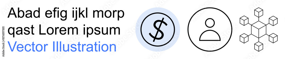 Fototapeta premium Financial systems, user authentication, blockchain network, digital economy, technology, data management. Icons including dollar symbol, user profile and modular block network. Financial systems