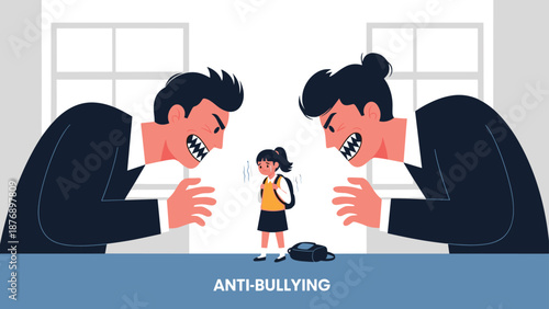 Powerful anti bullying illustration shows two large aggressive figures looming over a small and frightened schoolgirl.