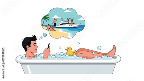 Relaxed man takes a bubble bath with a rubber duck while using his phone to dream about a luxurious yacht vacation.