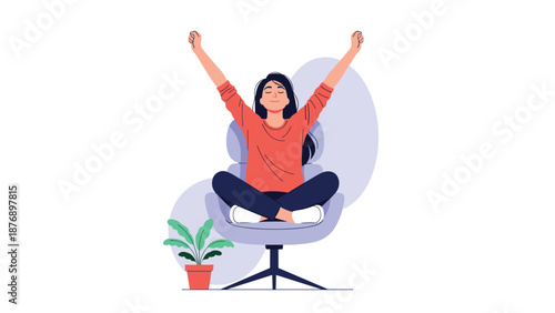Successful woman sits comfortably in a modern office chair with her arms raised in a gesture of triumph and relaxation.