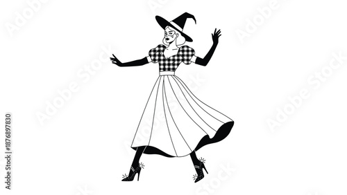Stylish line art of a modern witch wearing a patterned top and a wide brimmed hat dancing against a plain background.