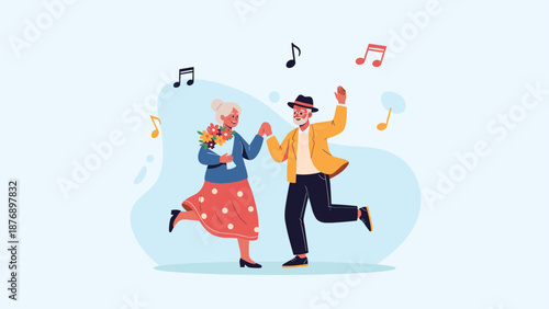 Joyful senior couple dances together to music with floating notes while the woman holds a beautiful bouquet of flowers.