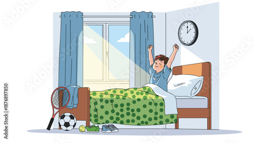 Young boy wakes up in bed and stretches while bright morning sunlight shines through the window onto his sports equipment.