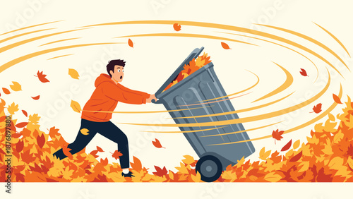 Surprised man in an orange hoodie struggles to hold onto a large trash bin as it gets blown away by a strong autumn wind.