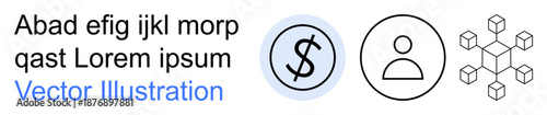 Financial systems, user authentication, blockchain network, digital economy, technology, data management. Icons including dollar symbol, user profile and modular block network. Financial systems