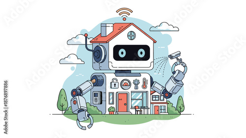 Advanced smart home technology represented by friendly robot integrated with house architecture featuring security and temperature controls.