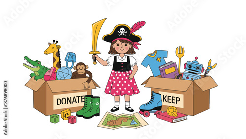Young girl dressed as pirate standing between cardboard boxes labeled donate and keep while sorting through her many toys.