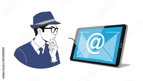 Pensive man wearing hat and glasses looking thoughtfully at tablet computer displaying large email notification on screen.