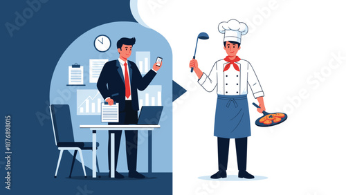 Side by side comparison of professional male office worker and skilled chef demonstrating different career paths and daily routines.
