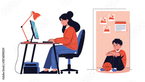 Busy woman working on computer at home while her neglected son sits sadly in corner feeling lonely and ignored.