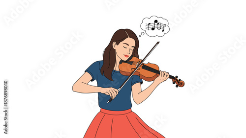 Talented young woman with long dark hair playing violin passionately with musical notes appearing in thought bubble above.