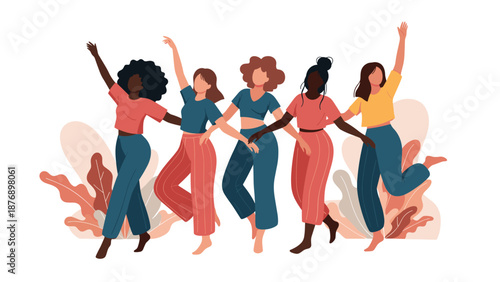 Group of five diverse women dancing together in joyful and expressive poses against soft natural background elements.