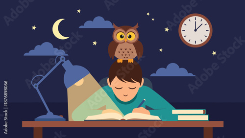 Dedicated young boy studying late at night under warm lamp light with wise owl perched on his head symbolizing deep knowledge.