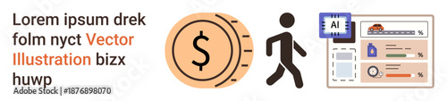 Finance, technology, time tracking, automation, productivity, digital tools. Coin and clock, person and AI-managed data. Finance and technology concepts demonstrated visually
