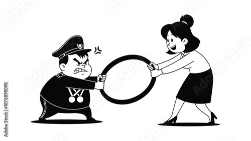 Black and white cartoon showing angry military official and smiling woman engaged in tug of war with large circular ring.