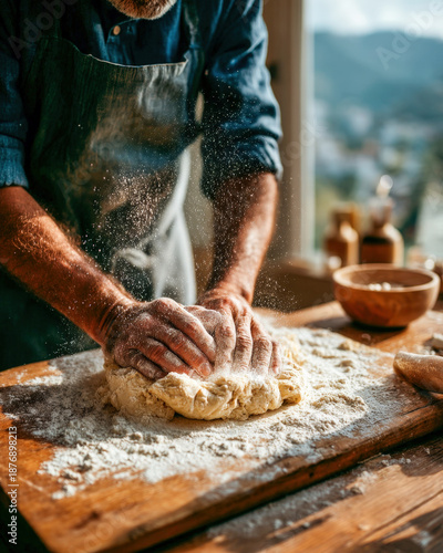 Hands knead Pascha bread dough on rustic wooden surface with flour